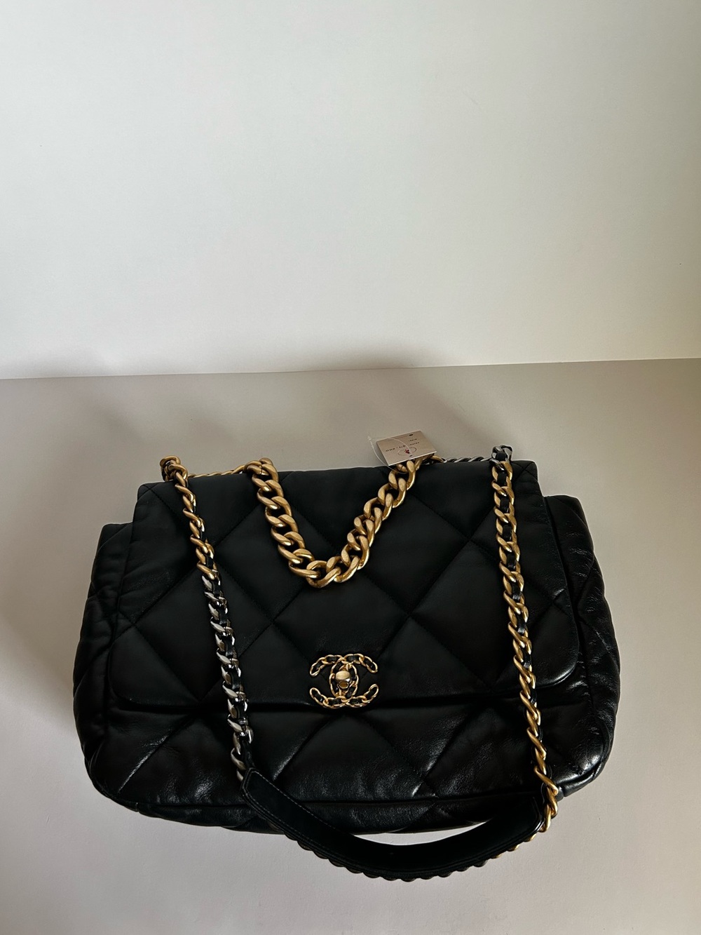 CHANEL 19 MAXI Black Quilted Leather Shoulder Bag with Gold Chain